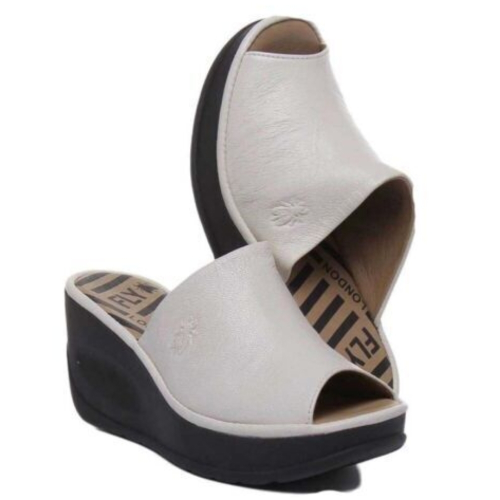 Fly London Jamb Wedge Slide Sandal In Off White Leather